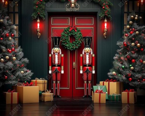 Gatsby Nutcracker Snow Christmas Red House Door Photography Backdrop Gbsx-01103